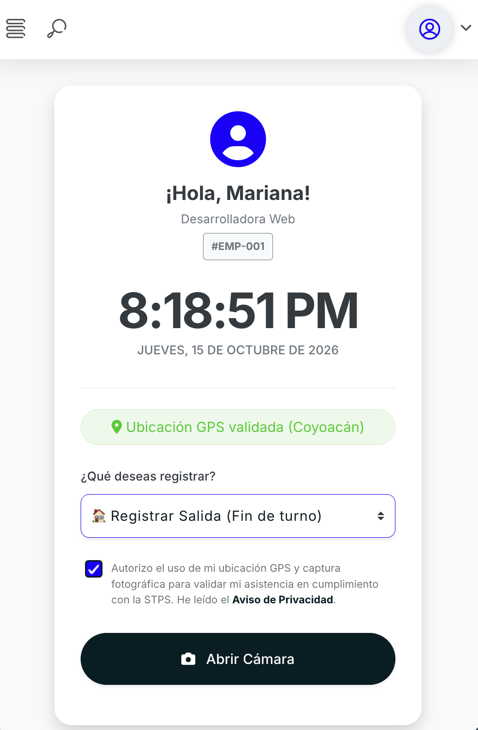 Aplicación de asistencia Luptime en celular